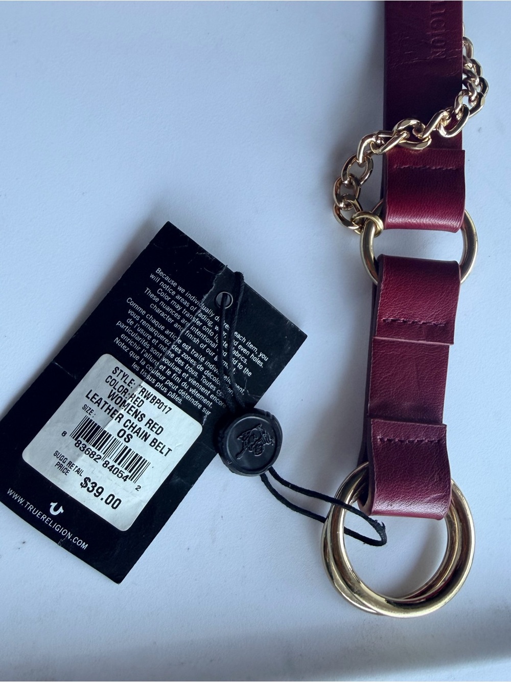 True Religion Women's Burgundy Leather Belt with Gold Chain Accents